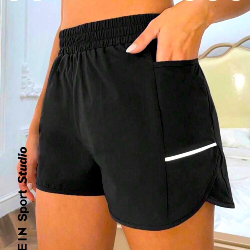 Women's SHEIN Contrast Tape Sport Studio BLACK Side Phone Pocket Shorts Sz M/L